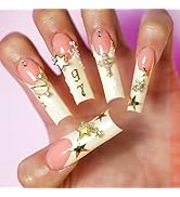 24 Pcs Long Spuare Press on Nails - SHANRUN Pink Fake Nails Press ons Nail Art French Tip Glue on...