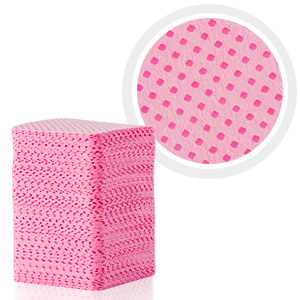 Stack of pink cleaning cloths with perforated texture. Close-up shows dotted pattern. Absorbent material suitable for household cleaning tasks.