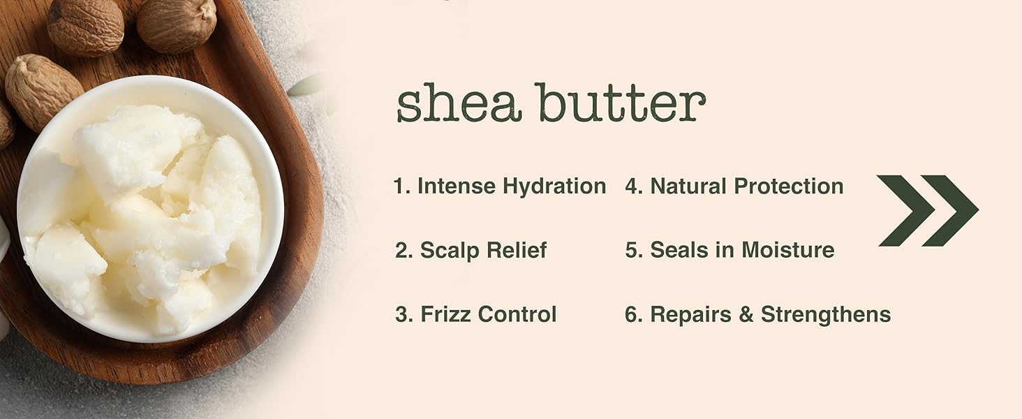 Shea butter benefits for hair, intense hydration, scalp relief, frizz control, natural protection