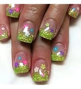 24 Pcs Spring Press on Nails Extra Short Square - LINMEIZAI Fake Nails Press ons Nail Tips Glue o...