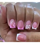 24 Pcs Press on Nails Short Square,LINMEIZAI White Pink French Cute Fake Nails Press ons Nail Kit...