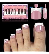NOVO OVO French Tip Toe Nail Tips Press on, Sharp Square Pre-Designed Soft Gel False Toenail Exte...