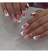 24 Pcs Spring Press on Nails Medium Square,LINMEIZAI White French Fake Nails Press ons Nail Tips ...