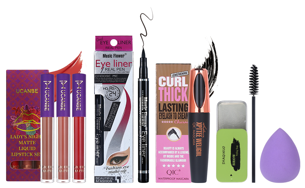 lipstick set eyeliner mascara brow gel sponge