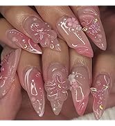 24 Pcs Handmade Press on Nails Short Almond Nail Tips,YEFIUO Ombre French Fake Nails Press ons 3D...