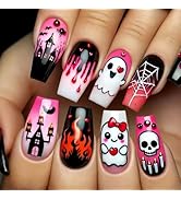 24 Pcs Halloween Press on Nails Medium Coffin Square,LINMEIZAI Fake Nails Press ons Nail Tips Glu...
