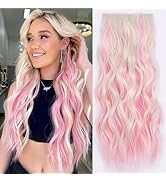 ALXNAN Clip in Long Wavy Hair Extension 20 Inch Blonde Pink Hair Extensions 4PCS Thick Hairpieces...