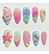 30 Pcs Handmade Press on Nails Short Almond Nail Tips,YEFIUO Summer Fake Nails Press ons Glue on ...
