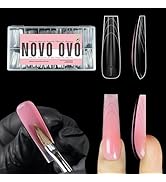 Nail extension product showcasing clear plastic tips and pink gel application. Includes brush application demonstration and product packaging.