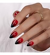 KQueenest Red Black Press On Nails Short Almond, Ombre French Press On Nails with Glue, Dark Fake...