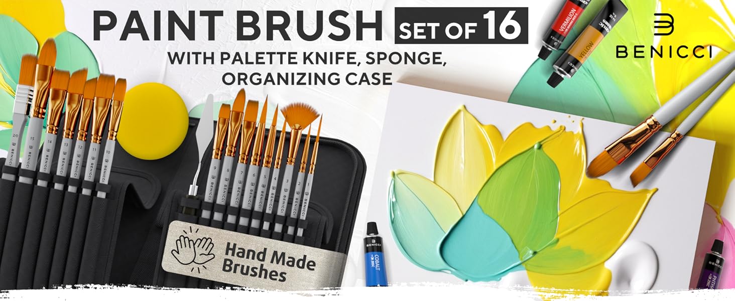 Paint Brush Set of 16 - with palette knife, sponge, organizing case