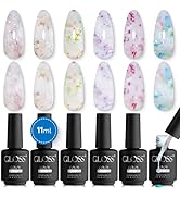 GLOSS Eggshell Gel Polish Set | 6 Pcs Color Base with Milky White Glitter, Gold Sparkle, Green Sp...