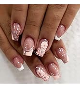 Spring Flower Press on Nails White French Tips Acrylic Medium Square Fake Nail Polk Dot Gel Glue ...