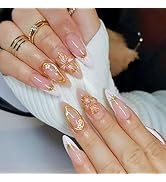 Gold 3D Flower Press on Nails White French Tips False Nails 3D Sun Gel Glue on Nails Medium Almon...