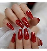 Gorgeous Red Press on Ballet False Nails Long Ruby-red Coffin Ballerina UV Fingersnails Free Adhe...