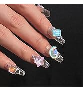10 Pcs Handmade Press on Nails for Women Girls,Long Coffin Sky Aesthetic Layered Gel Fake Nails,3...