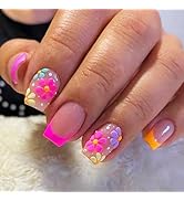 French Tips Short Square Press on Nails with Flower Stereoscopic Embossed Design, Glossy Nude Fal...