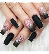 Spring Flower Press on Nails Black Gradient Medium Square False Nails 24 Pcs Glossy Pink Plum Blo...