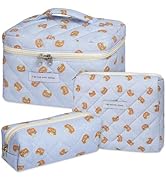 senbowe Floral Makeup Bag, 3 Pack Large Cotton Quilted Makeup Bag Set, Cute Floral Coquette Aesth...