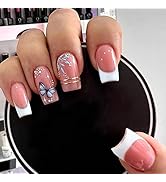 Press on Nails Medium Square Fake Nails Full Cover Glossy False Nails With Butterfly Designs Whit...