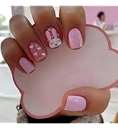 Easter Short Press on Nails Square Fake Nails Acrylic Glossy Nails with Cute Bunny Pink White Hea...