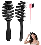 Boar Bristle Hair Brush & Detangling Brush– Fluffy Hair Paddle Hairbrush with Vent & Curved Desig...