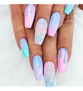24Pcs Rainbow Gradient Press on Nails Sparkly Medium Coffin Manicure Art Acrylic Fake Nails Stick...