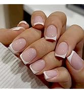 Medium Square Press on Nails Short Fake Nails Pink White Tips Nails Artificial Acrylic French Mat...