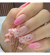 Medium Press on Nails Almond Fake Nails Pink Gradien French Tips Nails with Cute Crushed Flowers ...