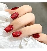 24 Pcs Red Press on Nails Cat Eye Fake Nails Short Nails Acrylic Square Nails with Chrome Magneti...