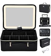Faquenc 11.4 Inch Extra Large Makeup Bag with LED Lighted Mirror Leather Cosmetic Train Case Ligh...