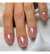 24Pcs Blush Chrome Short Square Press on Nails, Glossy Rouge False Nails Gel Glue on Nails with M...