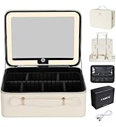 Faquenc Leather Makeup Case with LED Lighted Mirror 11.4 Inch Travel Makeup Bag Adjustable Bright...