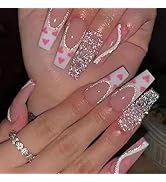 24 Pcs Nude Press on Nails Long Square Coffin - BHLFRH Fake Nails Press ons with Heart White Fren...