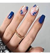 Short Fake Nails Square Press on Nails Acrylic False Nails with White Blue Floral Designs Nude Bl...