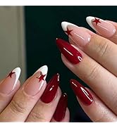 Red Press on Nails Almond Fake Nails Medium Length Red Star Glue on Nails Glossy White French Fal...
