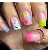 Easter Short Square Prss on Nails Pastel Colorful Gradient French Tips Fake Nails Pink Full Cover...