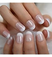CoolNail Short White French Press on Fake Nails Tips Natural Beige Pink 24pcs Round Head Full Cov...