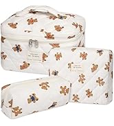senbowe Floral Makeup Bag, 3 Pack Large Cotton Quilted Makeup Bag Set, Cute Floral Coquette Aesth...