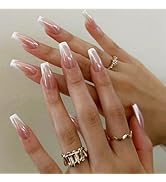 24Pcs White Chrome Medium Square Press on Nails with Mirror Metal Design, Glossy Pink False Nails...