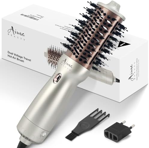 Aima Beauty 4 in 1 Worldwide Travel Hot Air Brush Dual Voltage Blowout Brush Oval Shape 110V-120V/220V-240V Straightener Blow Dryer Brush Ionic Lock Moisture Gift 360° Swivel Cord Champagne Silver