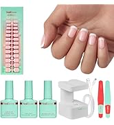 Modelones Gel Nail Kit with LED Light, 150 PCS Long Pink Square Press On Nails, 15 Sizes French G...
