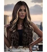 Long Brown Wig for Women 26Inch Wavy Curly Brown Highlight Blonde Hair Wigs Synthetic Hair Replac...