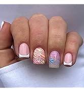 Short Press on Nails Square White French Tip Fake Nails Multi-Color Lines False Nails with Design...