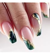 Dark Green Press On Nails - Medium Marble False Nails with Glitter Designs, Glossy Gold Foil, Cof...