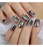 Coolnail Dark Smoky Gray Reflective Mirror Metal Plating False French Acrylic Nail Tips Punk Meta...