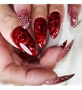 24Pcs Red Gradient Short Almond Press on Nails with Rose Flower Design, Glossy Gold Glitter False...