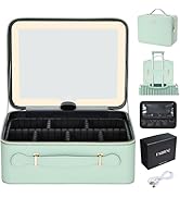 Leather Makeup Case with LED Lighted Mirror 11.4 Inch Travel Makeup Bag Adjustable Brightness in ...