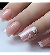 Press on Nails Medium Square French Tip Fake Nails Gradient Full Cover False Nails with Flower De...