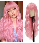 Vomella Light Pink Wig With Bangs 26 Inch Long Curly Wavy Wigs for Women Natural Looking Syntheti...